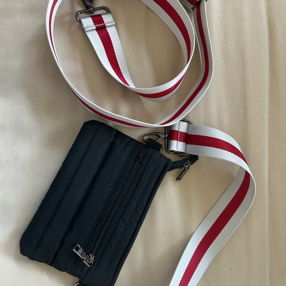 THINK ROYLN Black Belt Bag with Red and White Strap